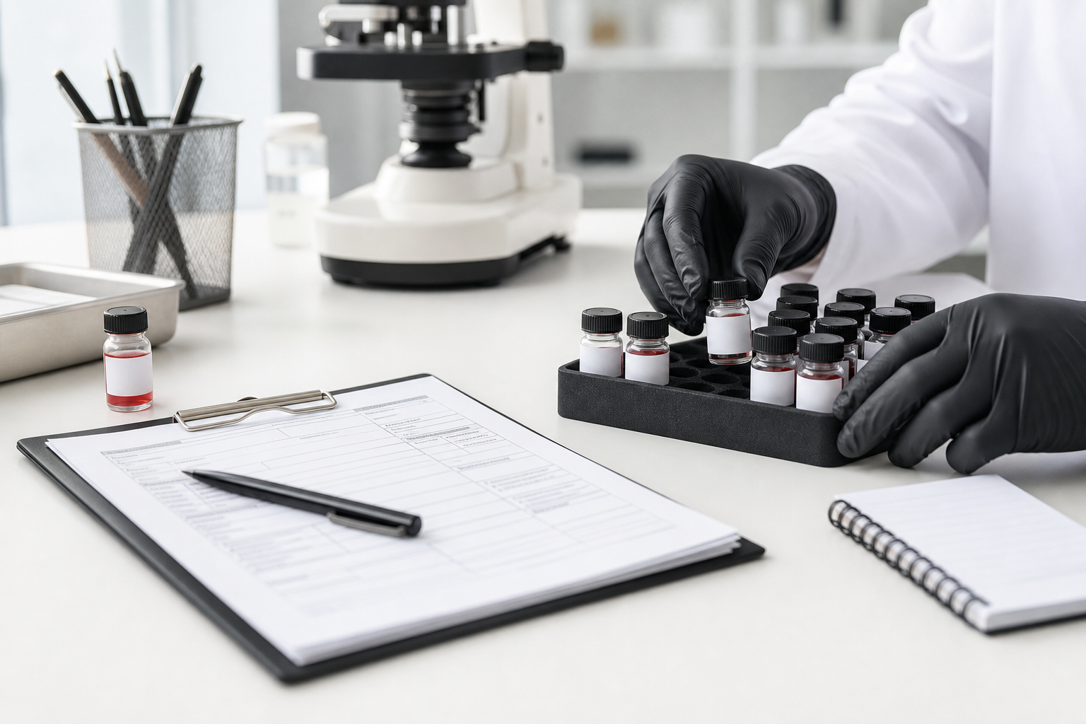 Bright batch verification desk with sample vials, documentation, and gloved handling.