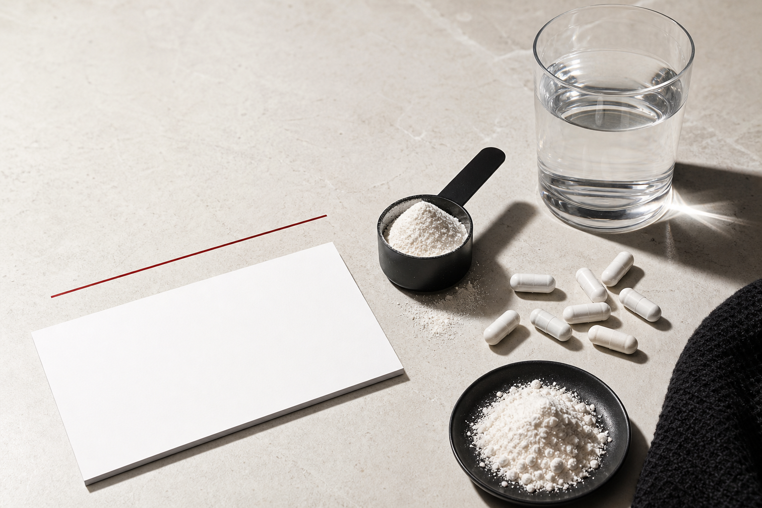 Clean ingredient still life with capsules, powder, water, and formula card on a warm neutral surface.