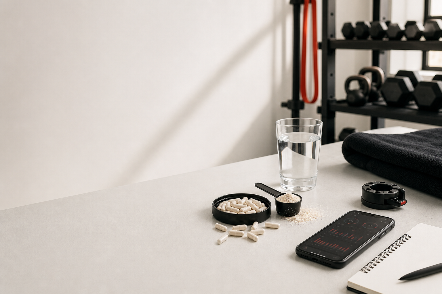 Bright clinical-performance routine with capsules, powder, water, training equipment, and tracking phone.