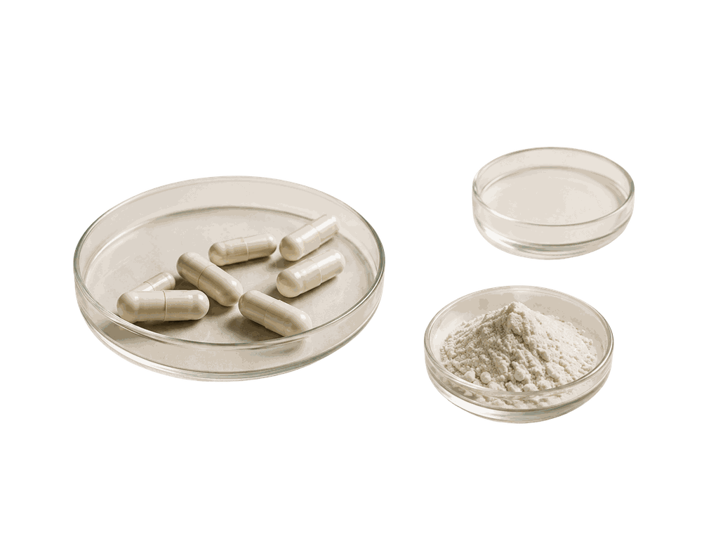 Capsules and powder in laboratory glassware