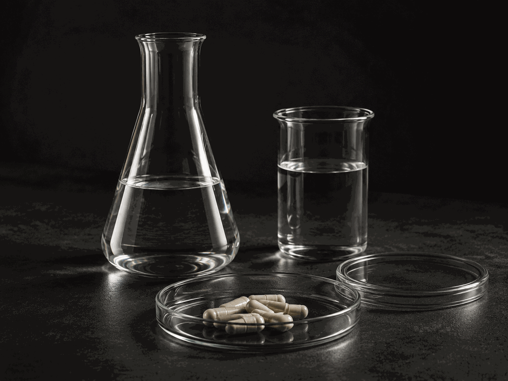 Laboratory glassware and capsules in high-contrast lighting